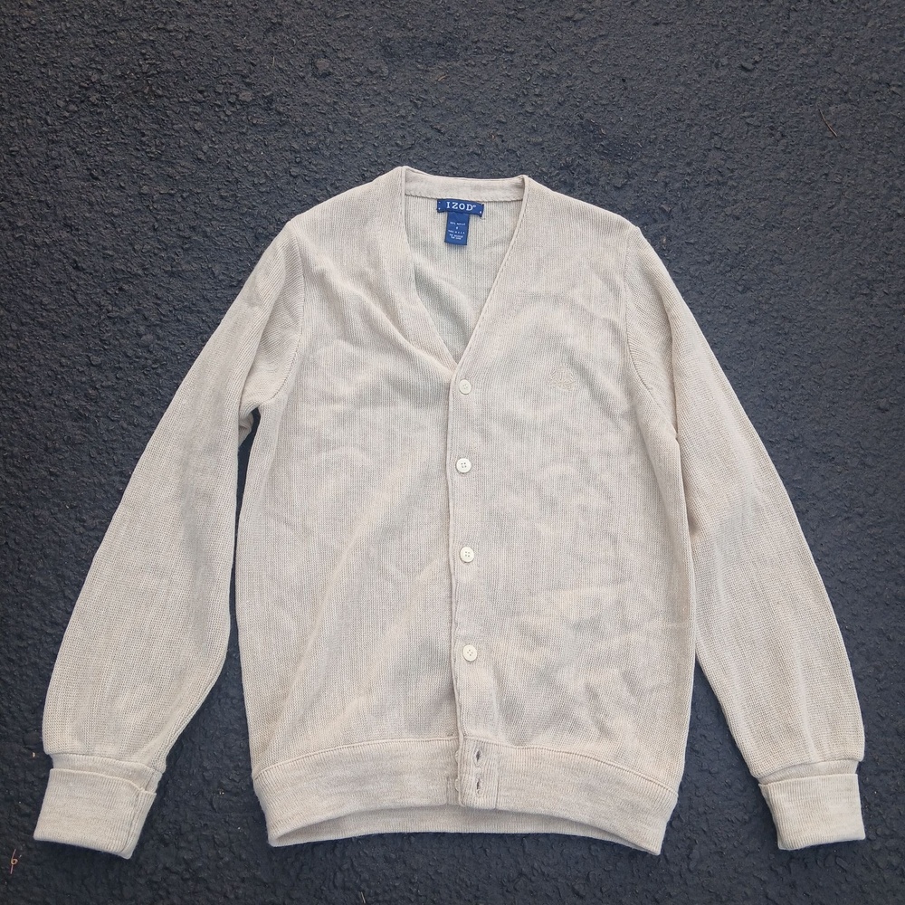Vintage IZOD Sweater Mens Small Beige Acrylic V Neck Button Cardigan Made USA